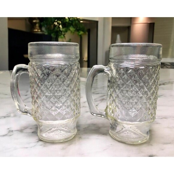 Vintage Anchor Hocking Diamond Cut Glass Beer Mugs - Set Of 2 - 1960's - MCM - Picture 1 of 9